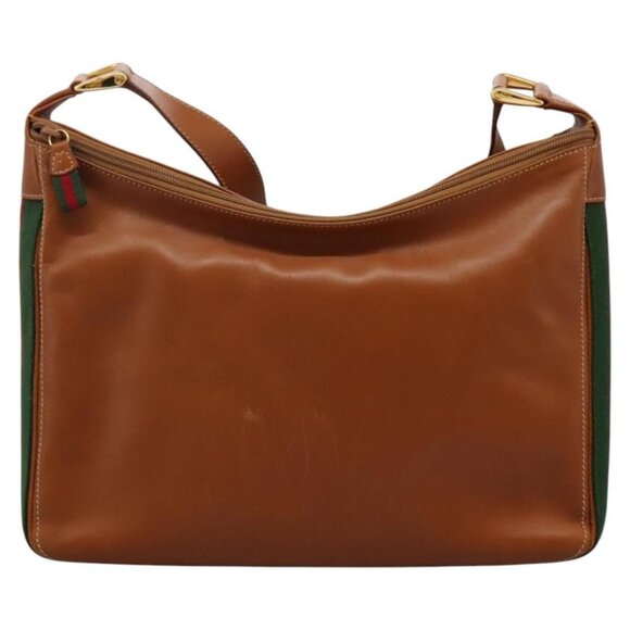 GUCCI Web Sherry Line Shoulder Bag Leather Brown Red Green Auth - Picture 3 of 15